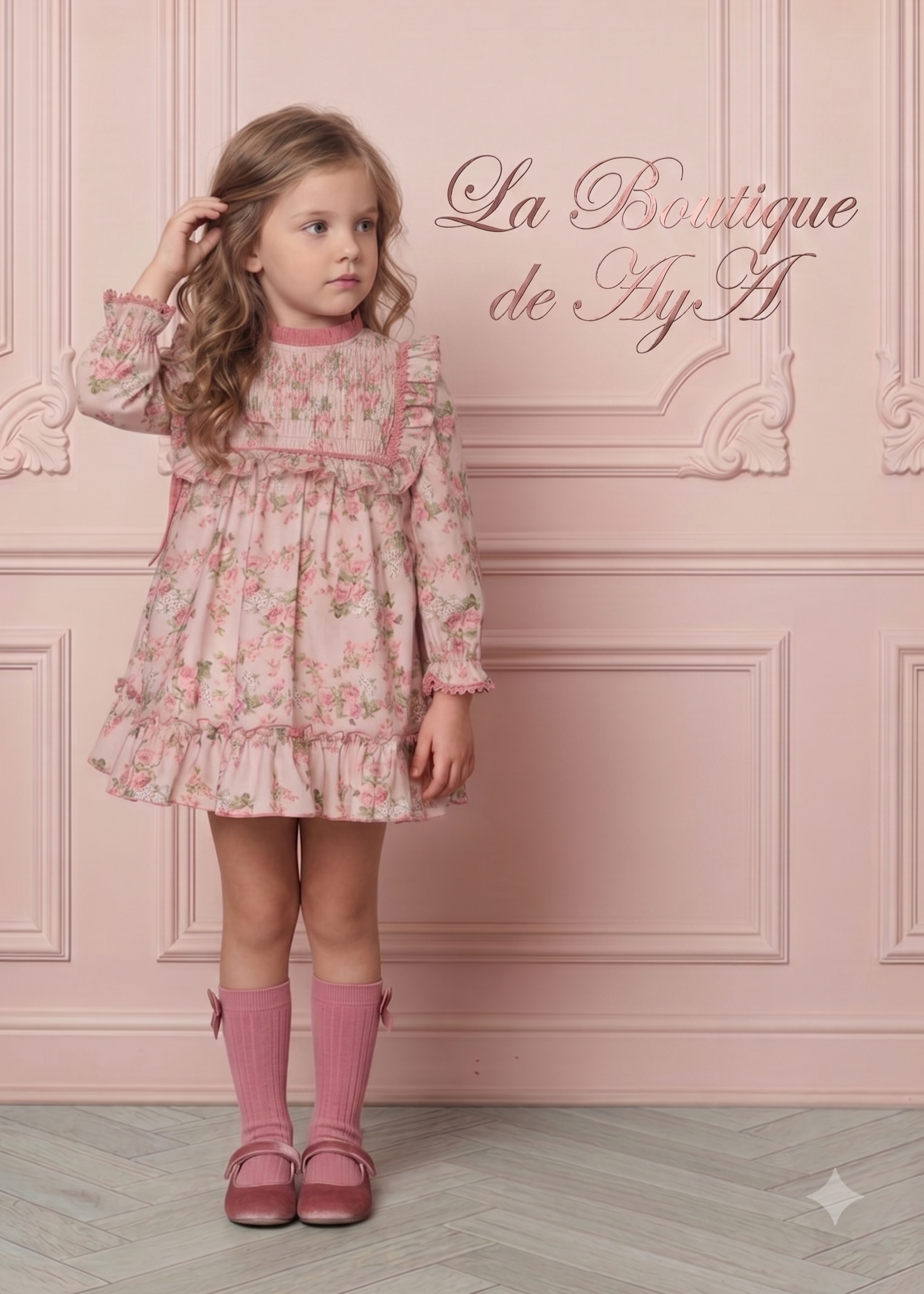 Niña luciendo el vestido elegante de invierno rosa palo floral de la marca española Miranda