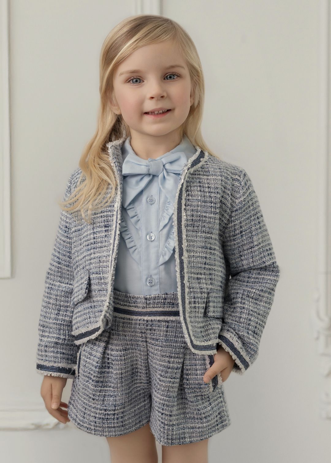 Conjunto 3 piezas chaqueta short niña celeste Miranda 0228