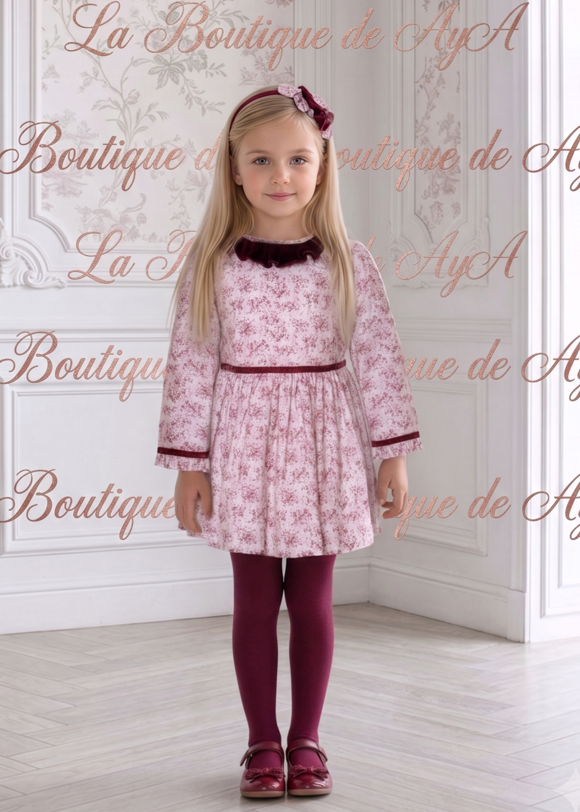 Niña luciendo el vestido elegante de invierno floral granate con detalles de terciopelo de la marca Miranda