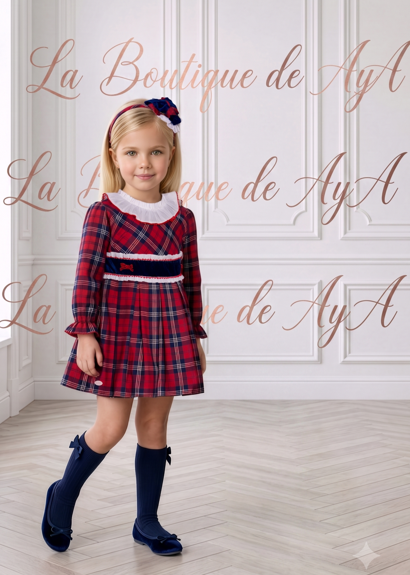 Niña luciendo el vestido navideño de cuadros tartán rojos con calcetines marinos de la marca española Miranda