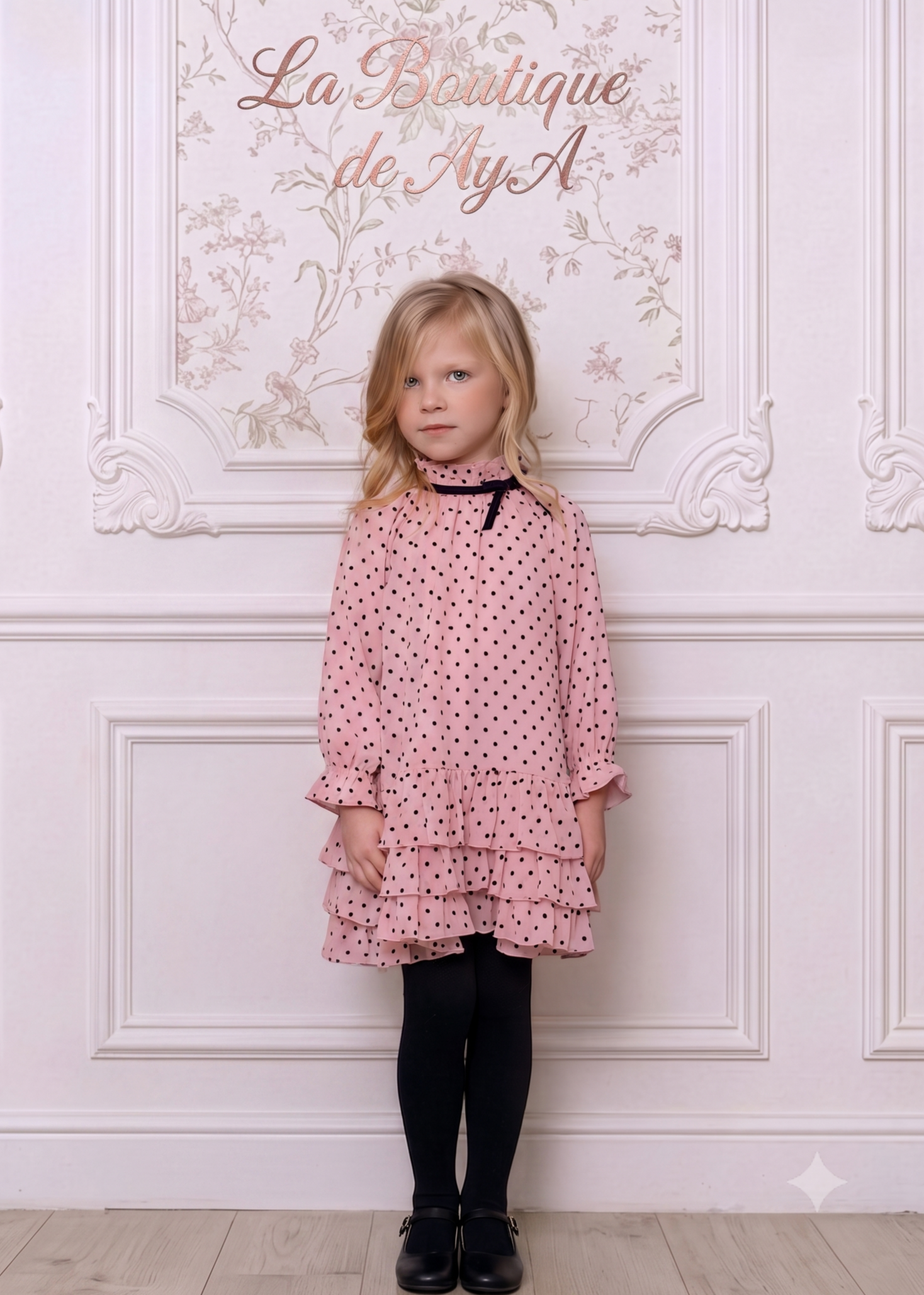 Niña luciendo el elegante vestido vaporoso rosa palo con lunares negros de la marca española Miranda