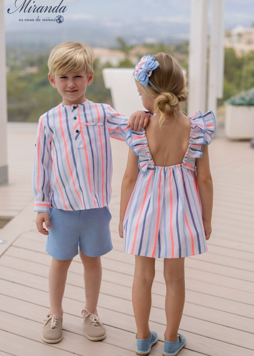 Vestido de ceremonia para niña con rayas multicolor y volantes, marca Miranda