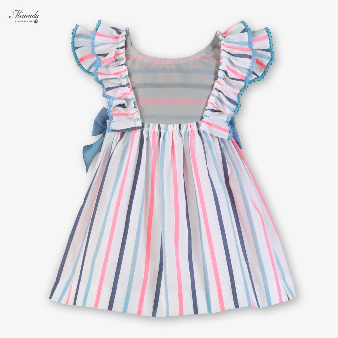 Vestido de ceremonia para niña con rayas multicolor y volantes, marca Miranda