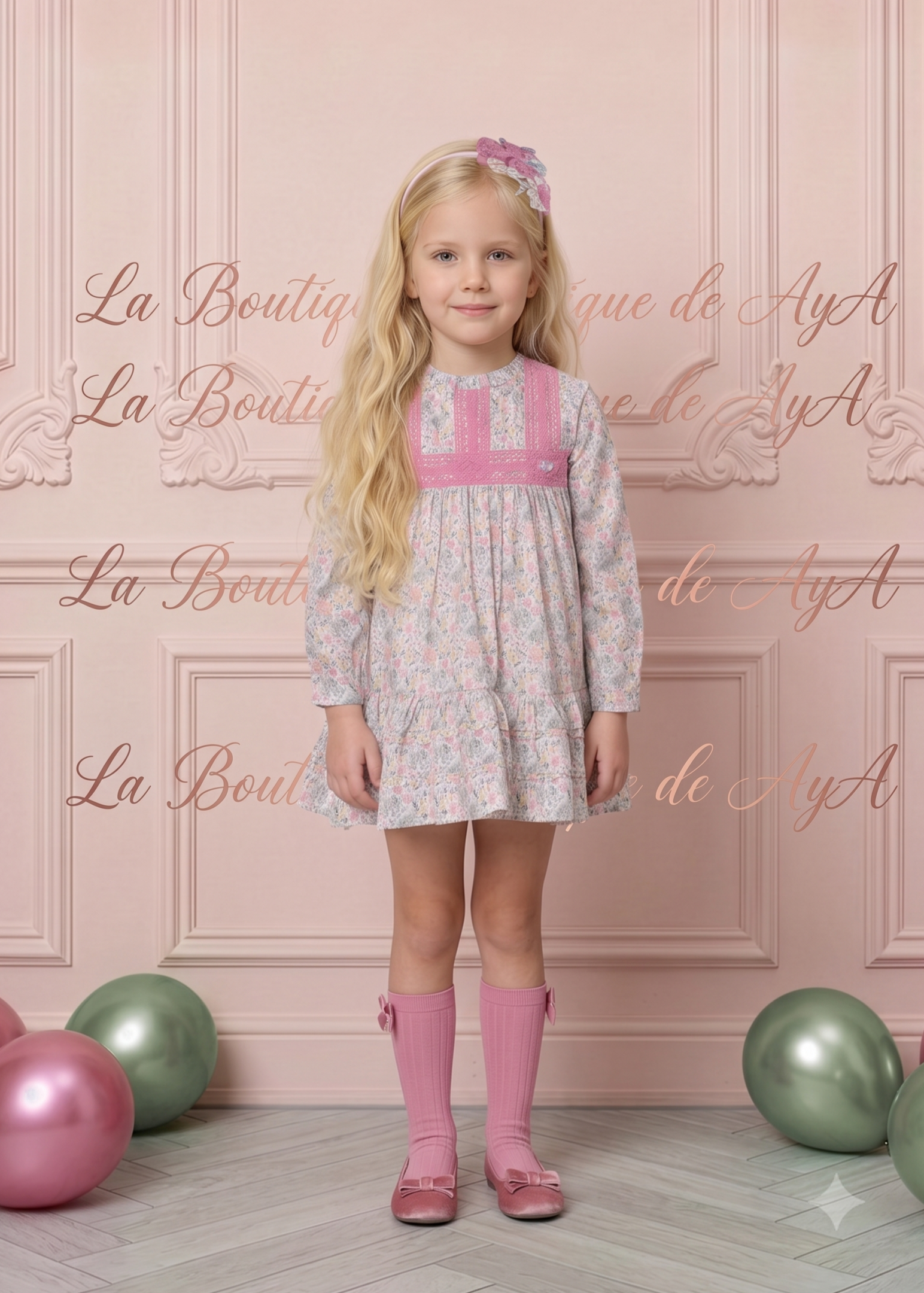 Niña luciendo el vestido elegante de invierno floral rosa palo y verde claro de la marca Miranda