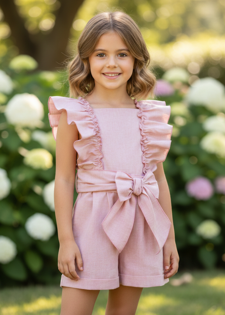 Mono niña rosa Miranda – volantes y lazada delantera 0240