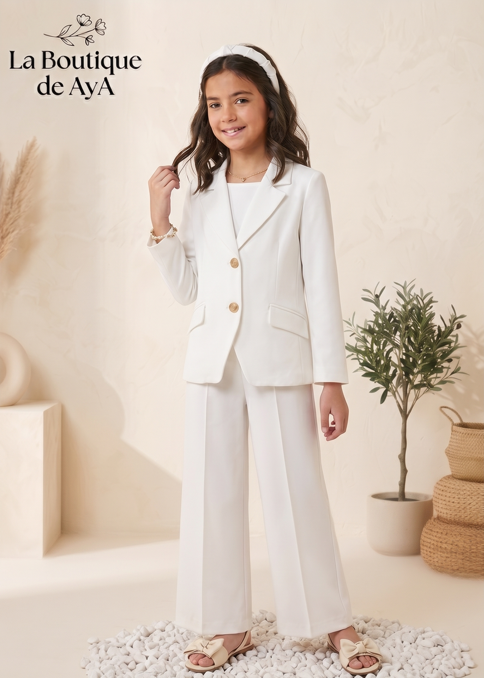 Traje de chaqueta y pantalón wide leg para niña en tejido crepe color nata de la marca Abel y Lula para ceremonias y eventos.
