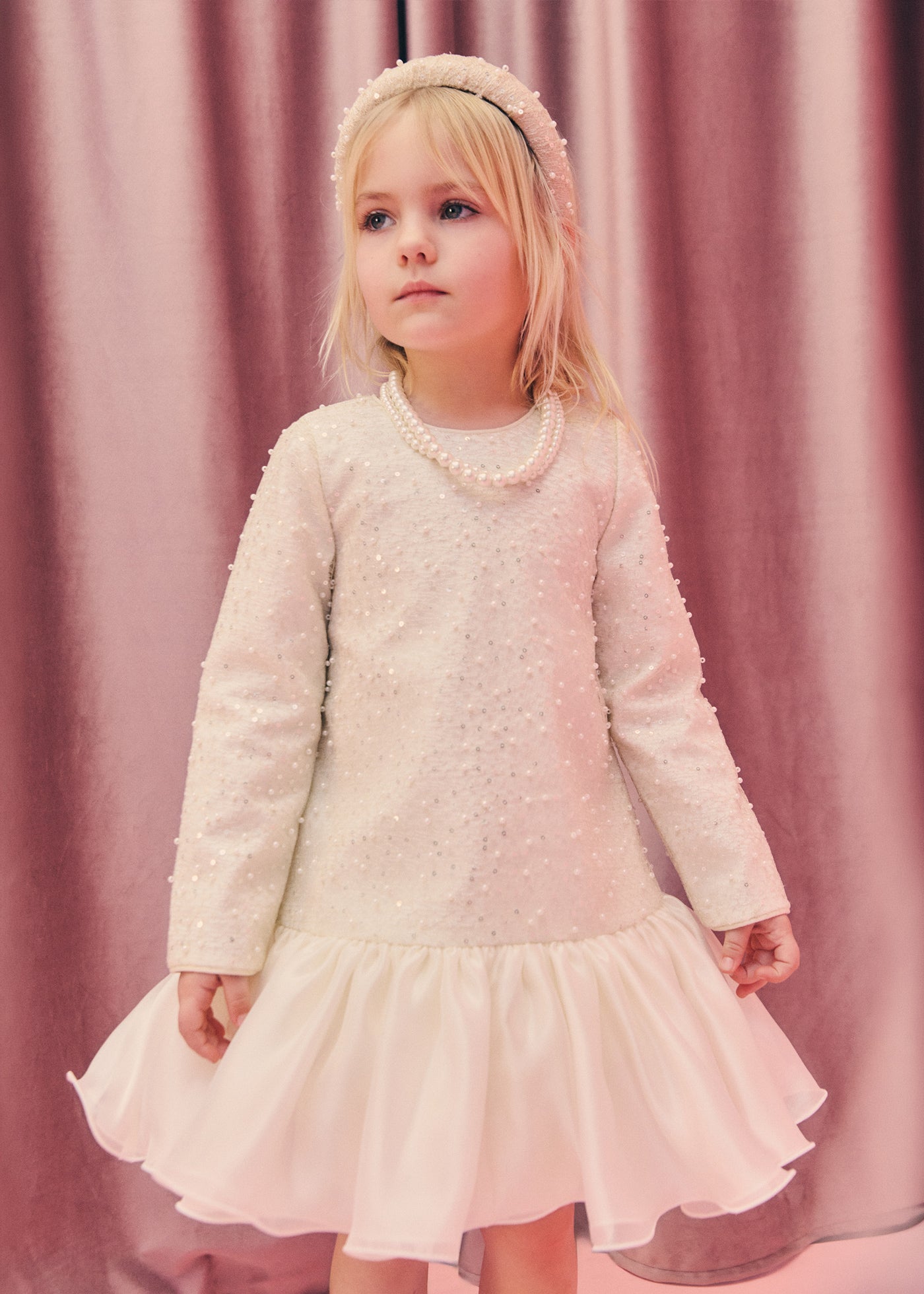 Vestido perlas combinado crema para niña Abel & Lula 05537