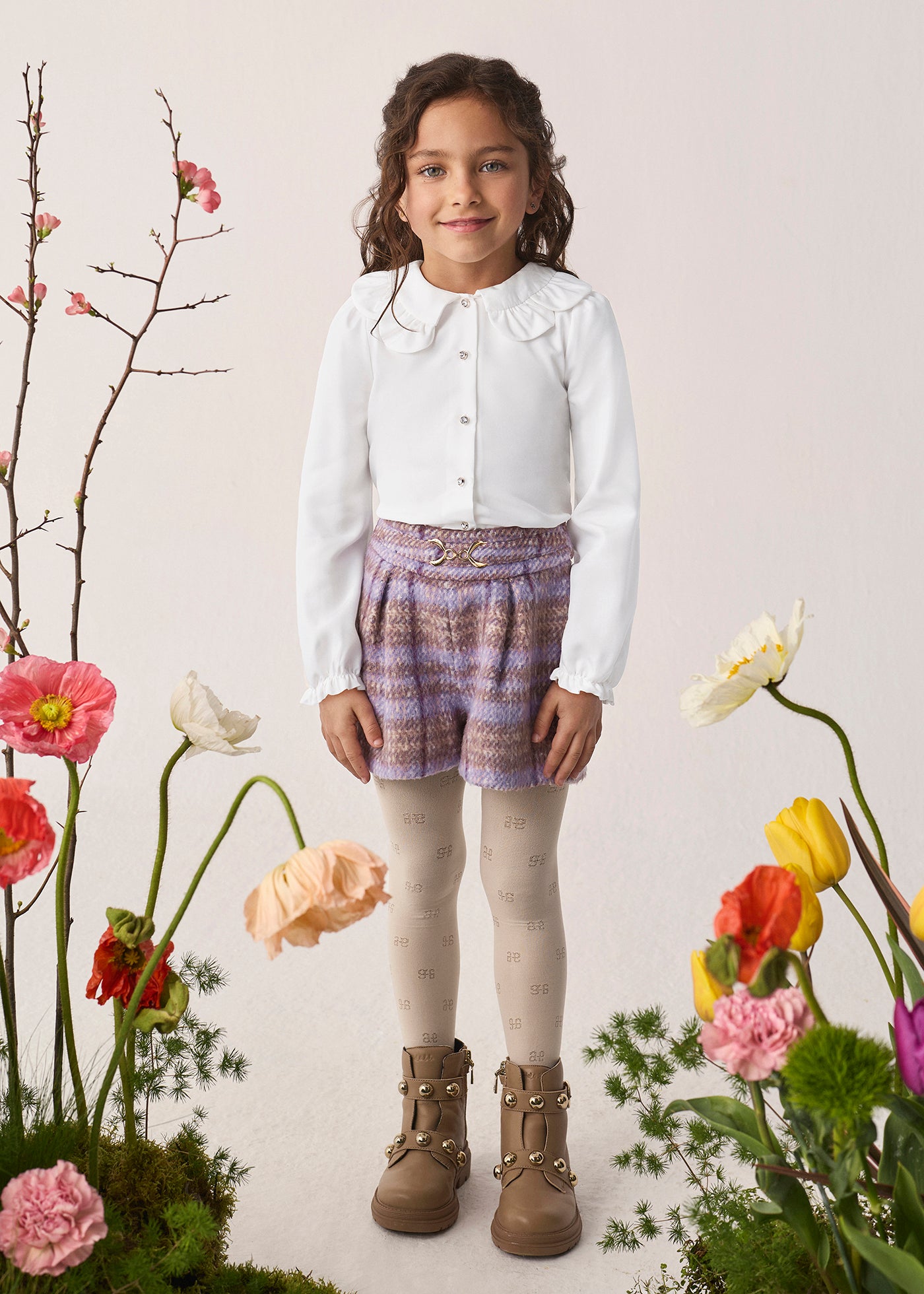 Conjunto de bermuda cuadros lila para niña Abel & Lula 05747