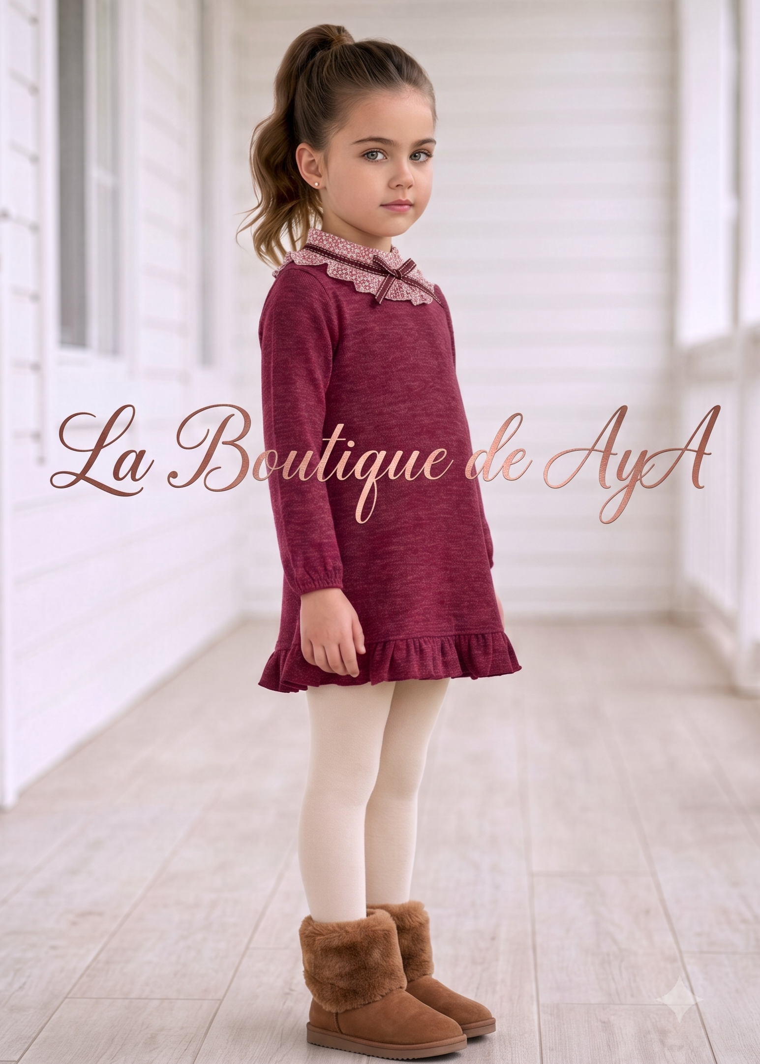 Vestido de Invierno para Niña en Color Granate con Cuello Estampado - Miranda Ref. 40/0610/V