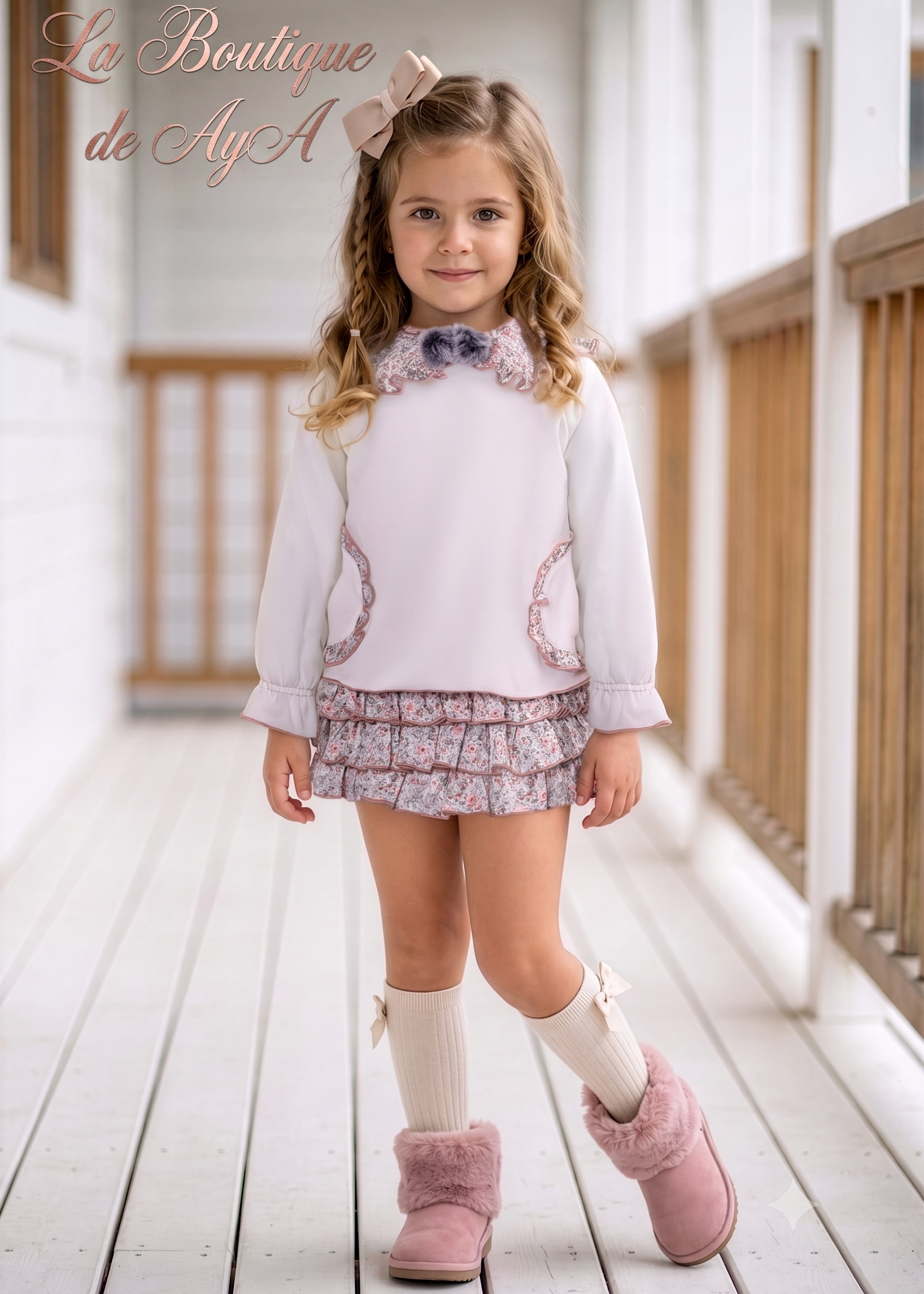 Niña vistiendo el conjunto de invierno con sudadera cruda de cuello fruncido y short de volantes floral de Miranda