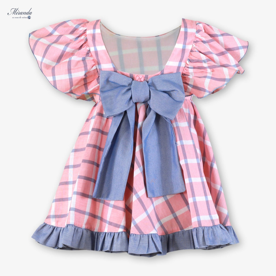 Vestido niña Miranda rosa con cuadros y lazo trasero, vista trasera