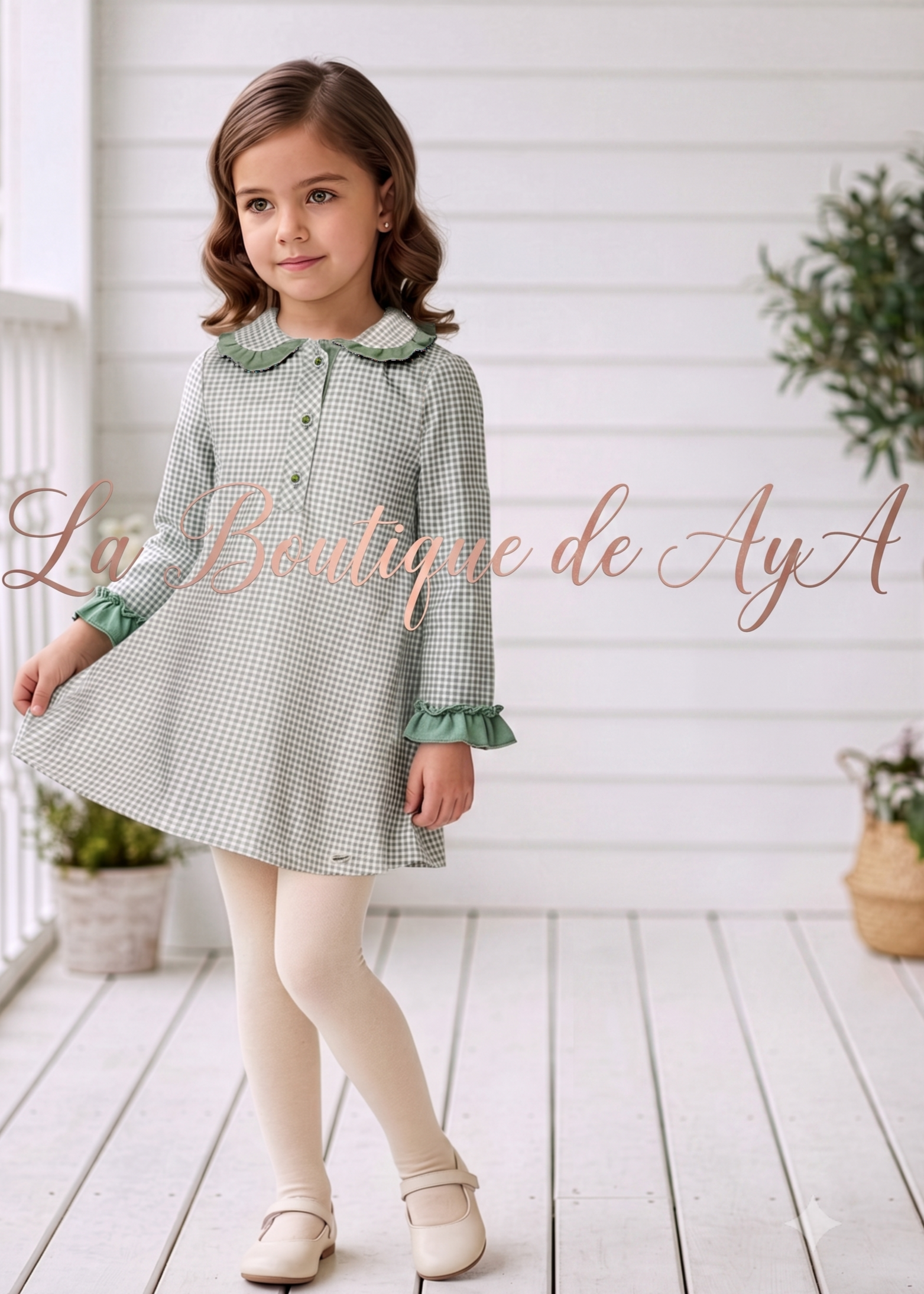 Niña luciendo el vestido cómodo de invierno a cuadros verde empolvado marca Miranda