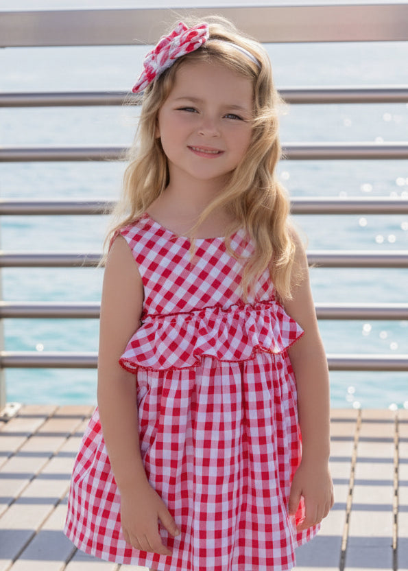 Vestido niña Miranda cuadros vichy rojo y blanco con volante en cintura