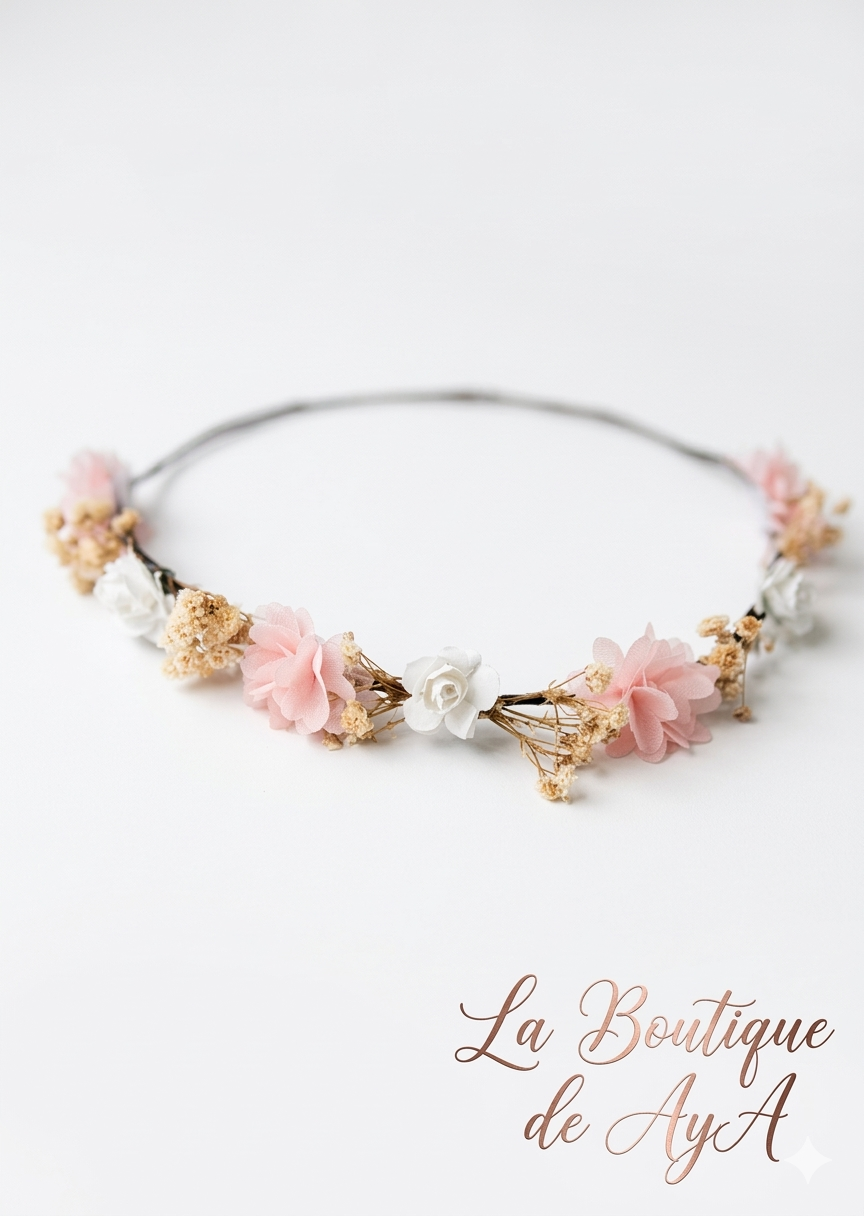 Corona con flores para niña rosa pastel combinadas La Boutique de AyA 0101