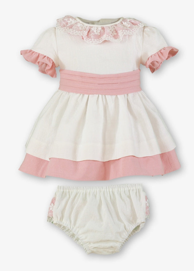 Vestido bebé ceremonia blanco con detalles rosa y encaje, con braguita a juego – Miranda