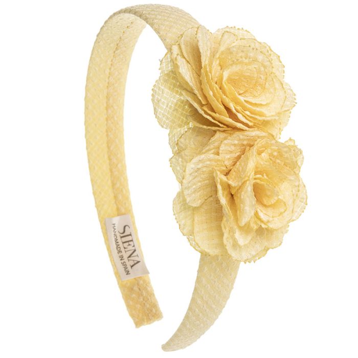 Diadema forrada 2 flores tela Javea amarillo pastel 201106372ap