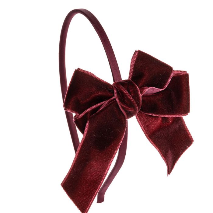 Diadema con lazo cruzado y vagas de terciopelo Burdeos Siena - La boutique de AyA Siena