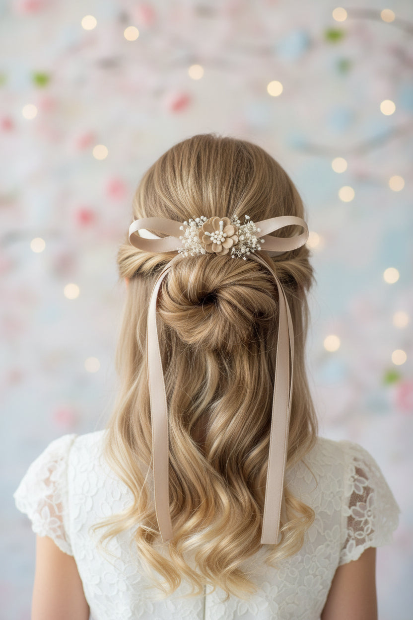 Lazada cintas Lulú tocado floral clip pelo beige 209106529c