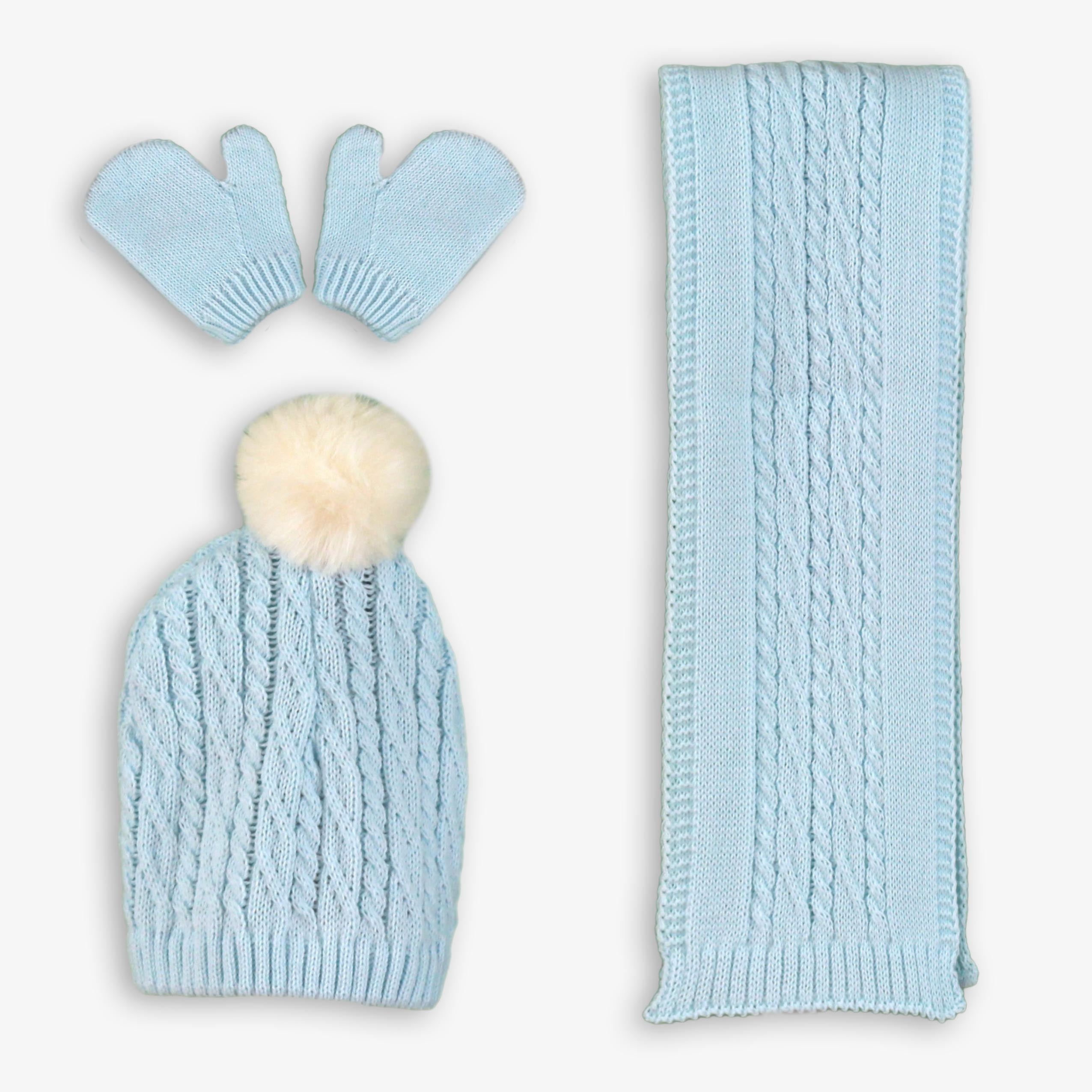 Bufanda gorro y manoplas bebe celeste Miranda 0020