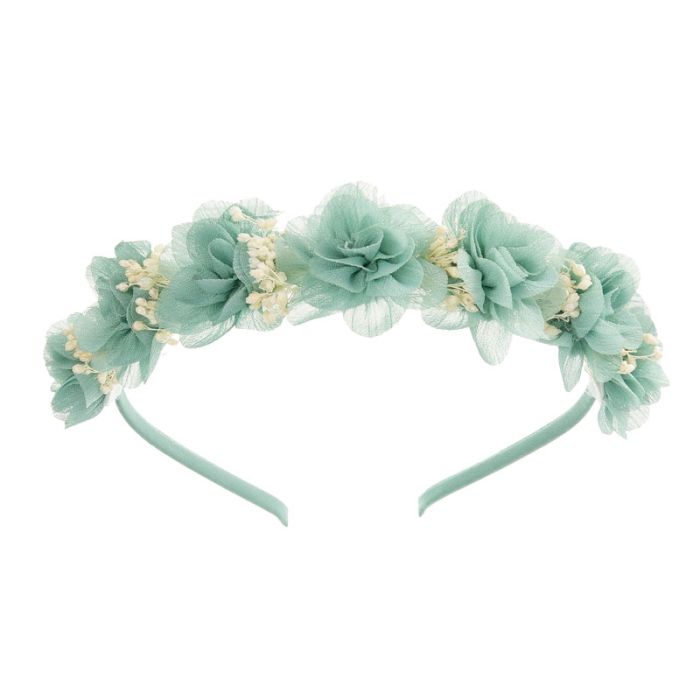 Diadema con flores de bambula y gypsophila Verde Mar - La boutique de AyA La Boutique de AyA