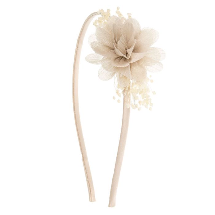 Diadema con pequeño tocado de bambula y flor seca natural Beige