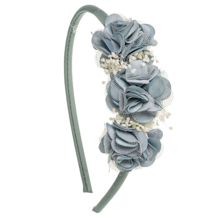 Diadema suave 3 flores cora y gypsophila Azul Francia Siena - La boutique de AyA Siena
