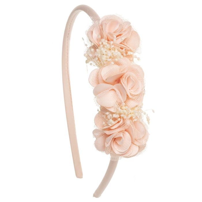 Diadema suave 3 flores cora y gypsophila Salmon Siena - La boutique de AyA Siena