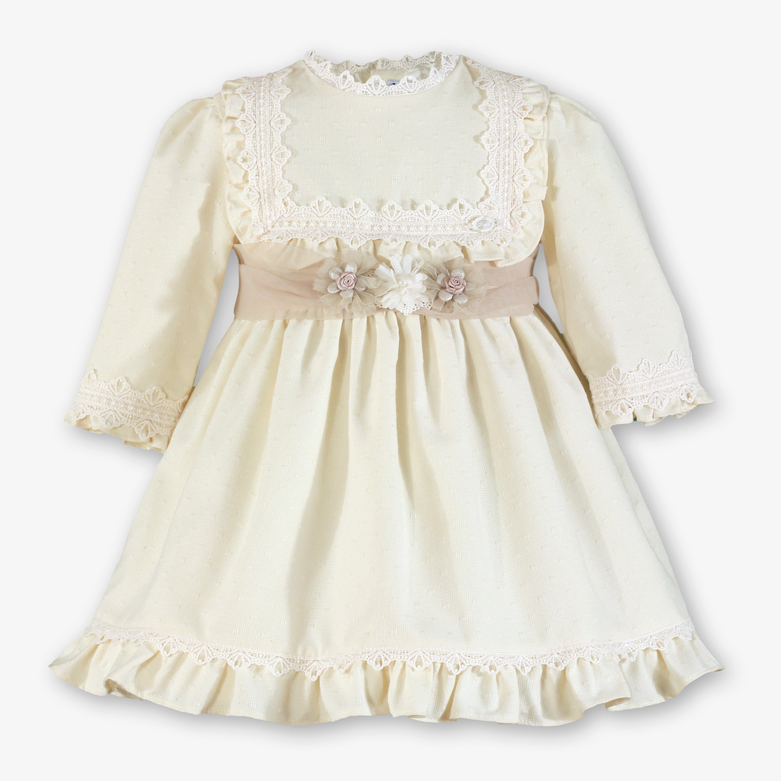 Vestido de ceremonia para niña en color beige crudo con pechera de encaje y fajín de tul con aplicaciones florales - Miranda 40/0220/V