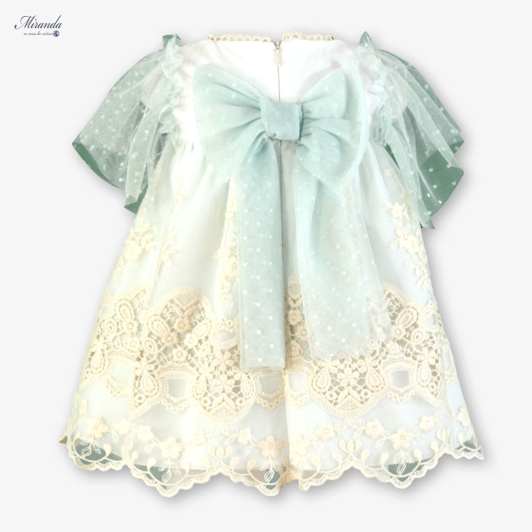 Vestido de Ceremonia Infantil Blanco con Tul Verde Agua y Bordados 0220