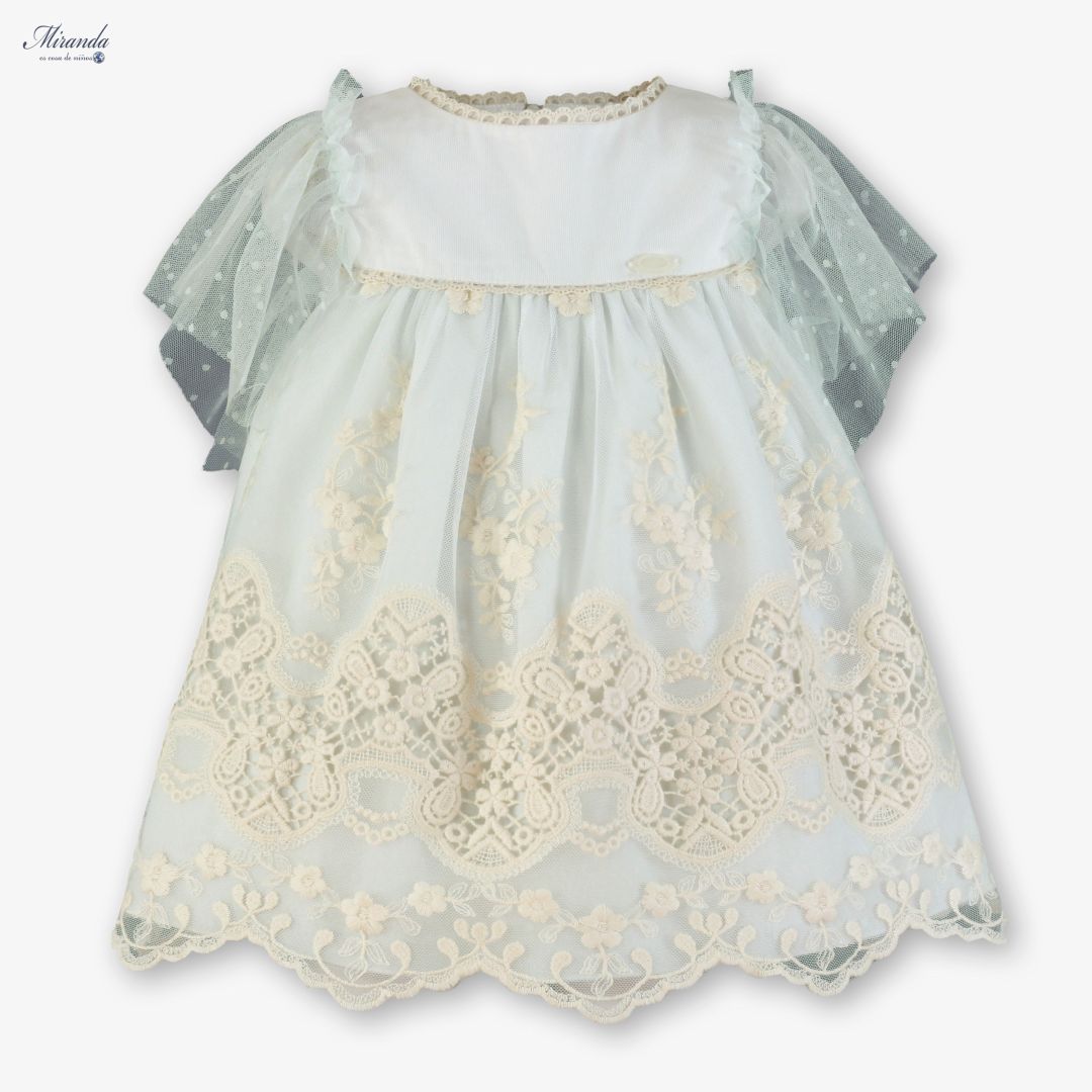 Vestido de Ceremonia Infantil Blanco con Tul Verde Agua y Bordados 0220