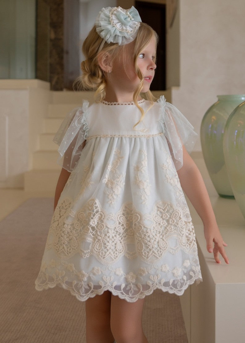 Vestido de Ceremonia Infantil Blanco con Tul Verde Agua y Bordados 0220