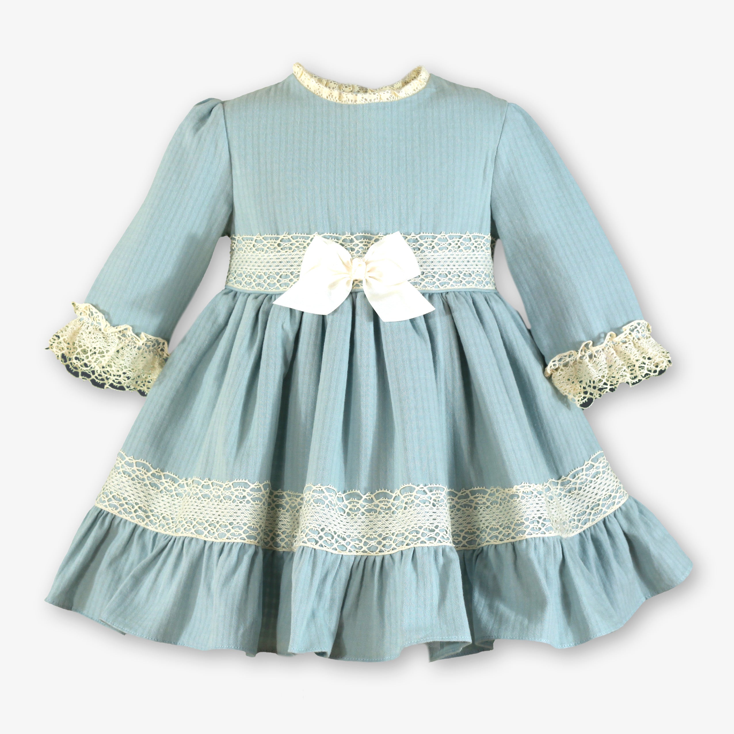 Vestido de ceremonia para niña en color azul verdoso con encaje marfil y lazo frontal - Miranda 40/0223/V