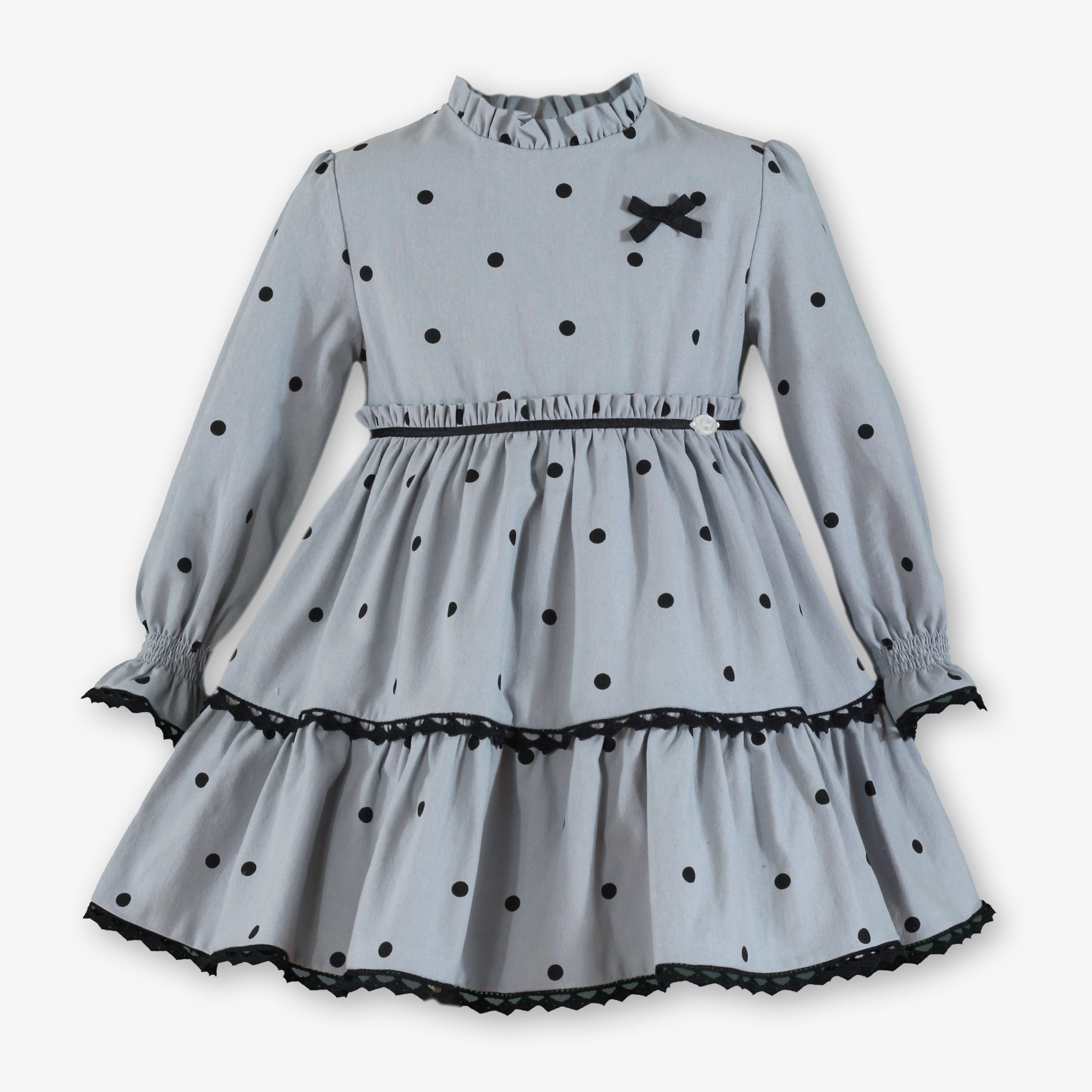 Vestido de invierno para niña en color gris con estampado de lunares negros y detalles de encaje - Miranda 40/0224/V