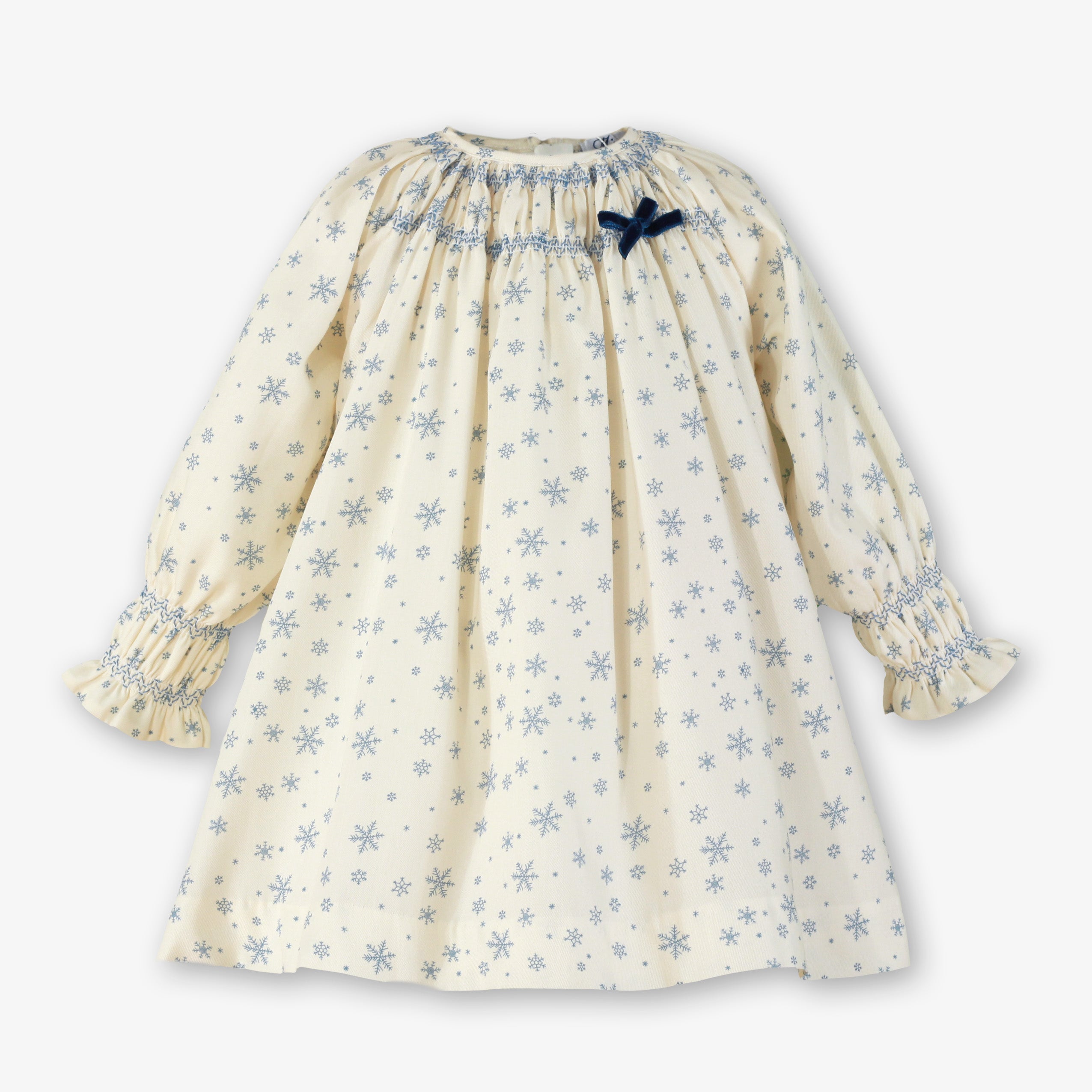 Vestido de invierno para niña en color crudo con estampado de copos de nieve azules y pechera de nido de abeja - Miranda 40/0225/V