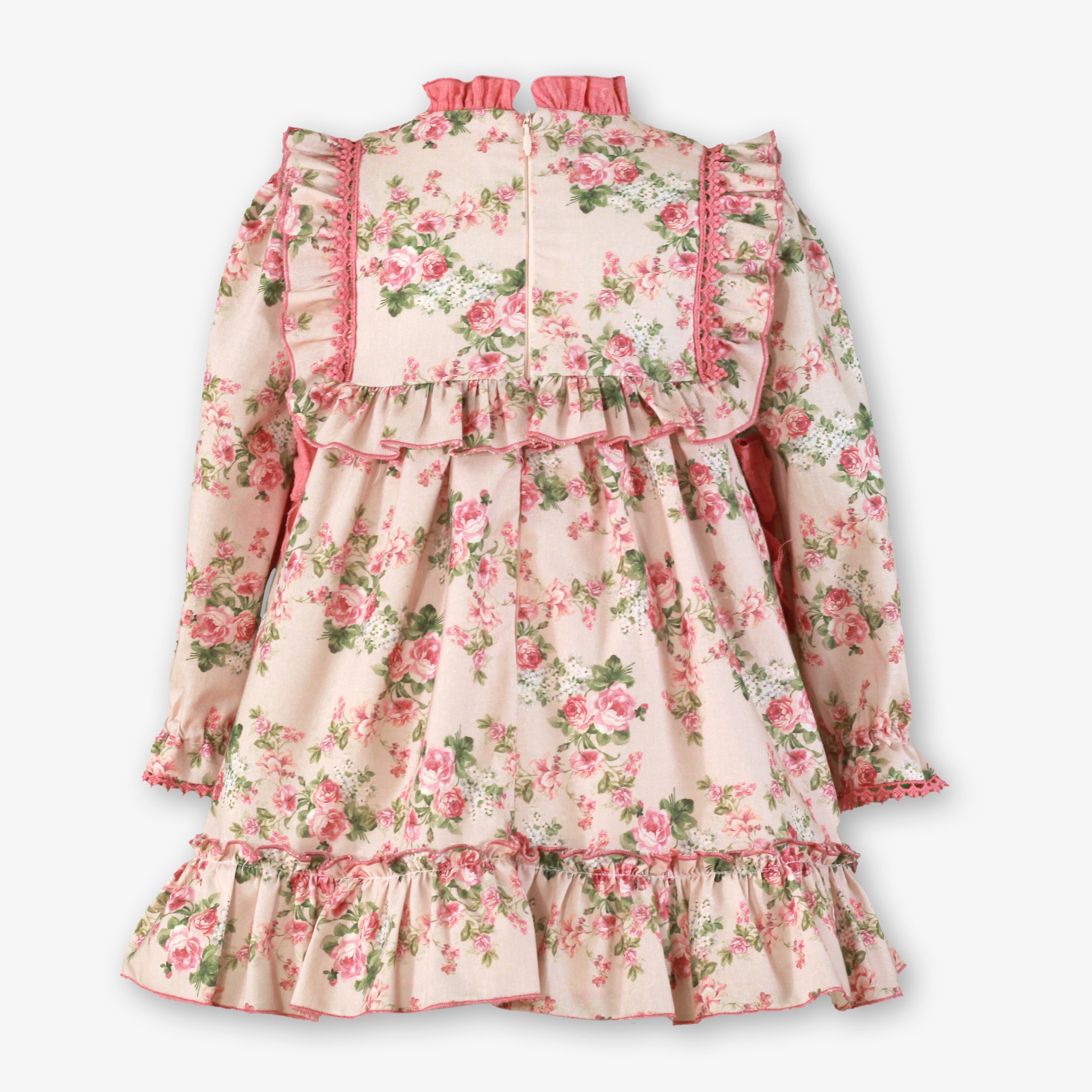 Vista posterior con cremallera del vestido rosa floral de niña de la firma Miranda