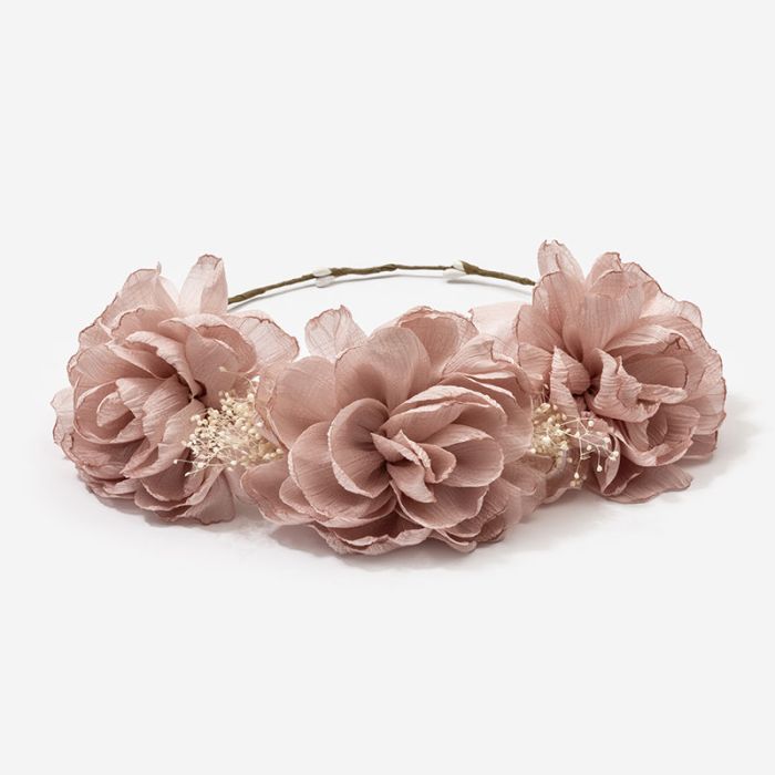 (Fabricación 4 días) Corona tres grandes flores y gypso Rosa