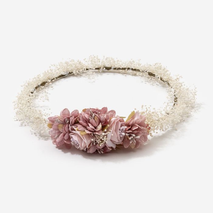 (Fabricación 4 días) Corona de flor seca y tocado central Rosa Francia