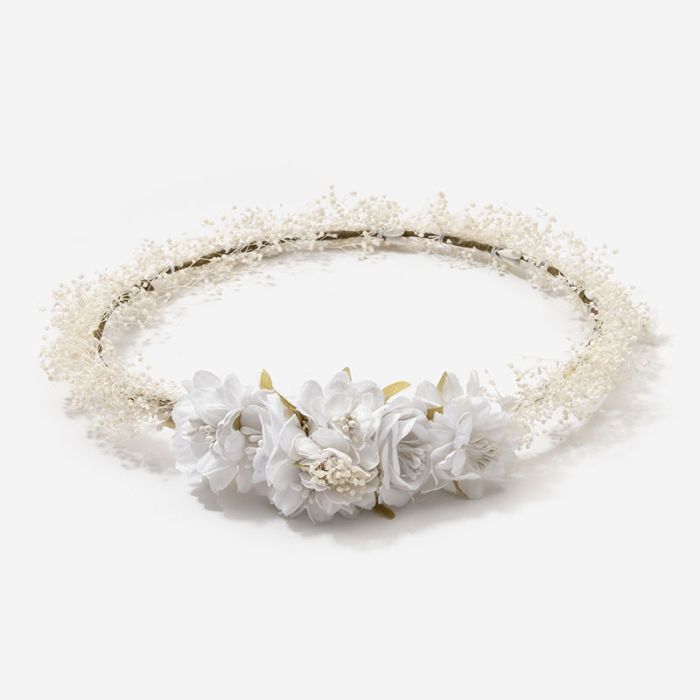 (Fabricación 4 días) Corona de flor seca y tocado central Blanco