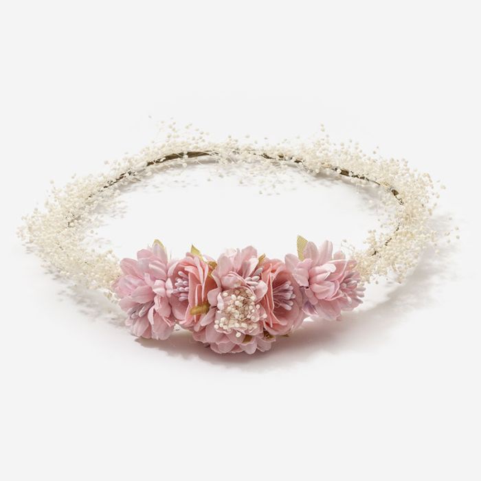 (Fabricación 4 días) Corona de flor seca y tocado central Rosa Pastel