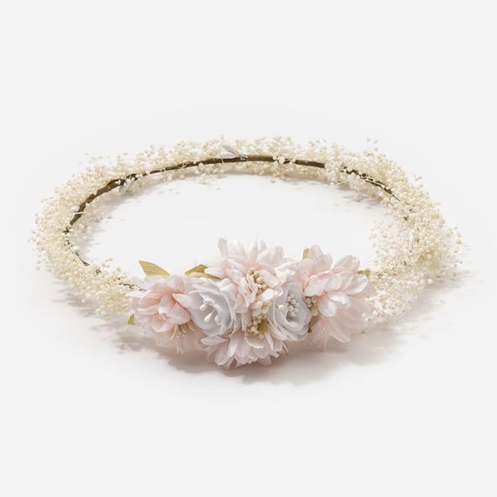 (Fabricación 4 días) Corona de flor seca y tocado central Rosa Pastel Claro