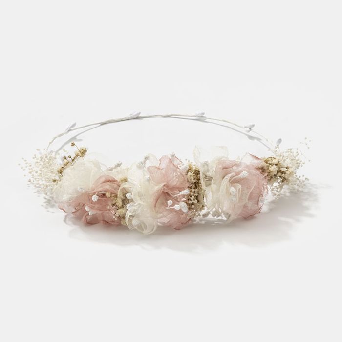 (Fabricación 4 días) Corona flores tul combinadas y manzanilla rosa pastel