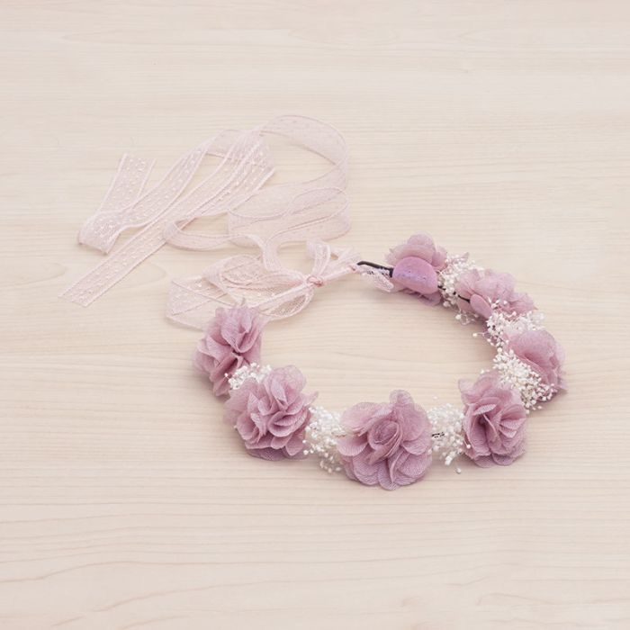 Corona-tocado moño con flores bambula y cintas Rosa Francia - La boutique de AyA La Boutique de AyA