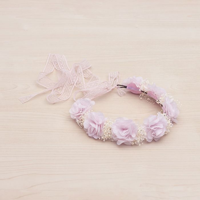 Corona-tocado moño con flores bambula y cintas Rosa Pastel - La boutique de AyA La Boutique de AyA