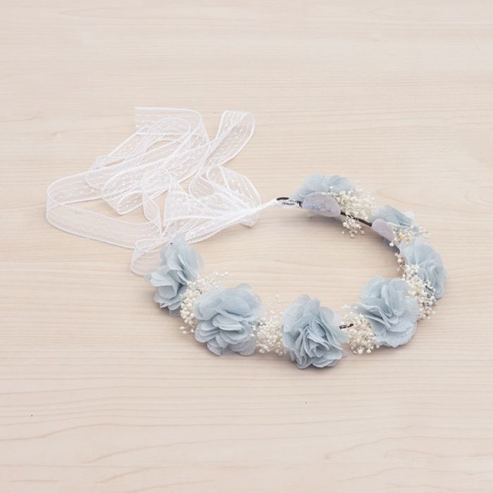 Corona-tocado moño con flores bambula y cintas Verde Mar - La boutique de AyA La Boutique de AyA