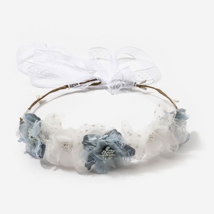 Corona flores Auba combinadas y cinta anudable Azul Francia - La boutique de AyA La Boutique de AyA