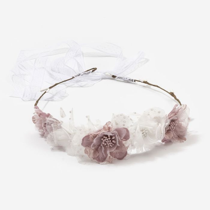 Corona flores Auba combinadas y cinta anudable Rosa Francia - La boutique de AyA La Boutique de AyA