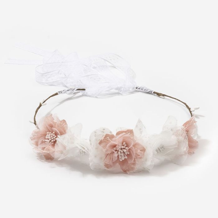 Corona flores Auba combinadas y cinta anudable Salmon - La boutique de AyA La Boutique de AyA