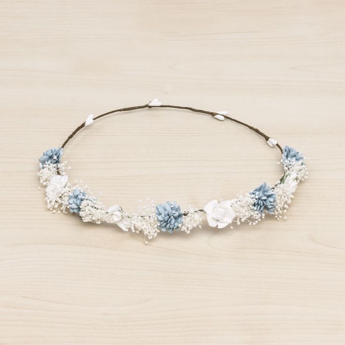 Corona Azul Francia con florecitas Elia, rositas y flor seca - La boutique de AyA Siena