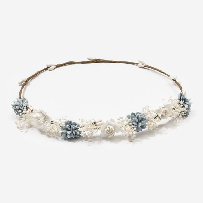 Corona Azul Francia con florecitas Elia, rositas y flor seca - La boutique de AyA Siena
