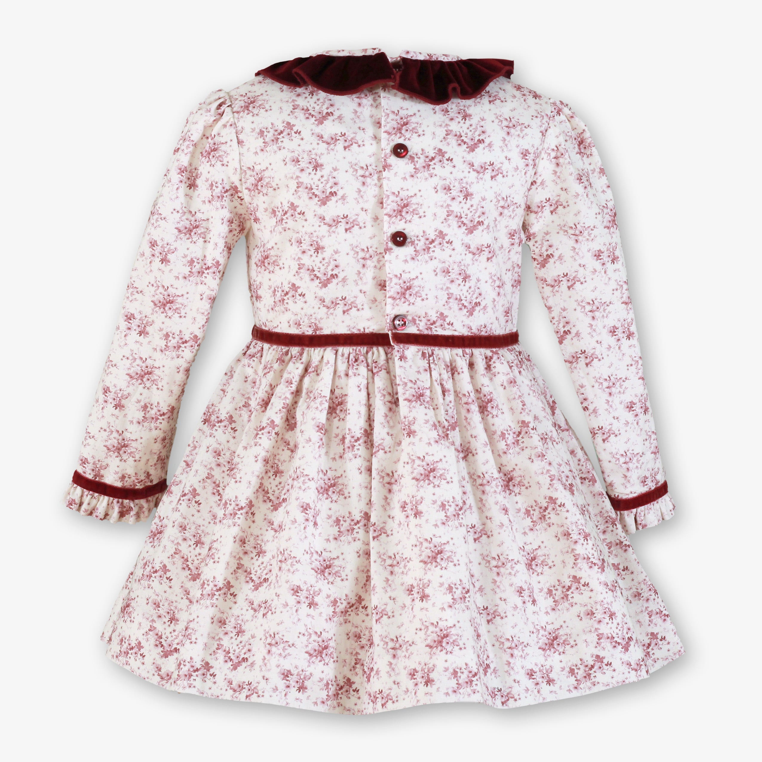 Vista trasera con botonadura del vestido floral granate de niña firma Miranda